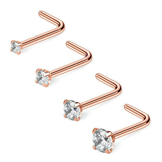 Rose Gold Zircon Claw Prong L-Shape Curve Nose Studs Screw Ring Twist Piercing