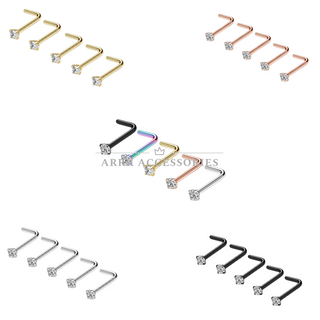 5pcs L- Shape Nose Studs 2mm Clear Gem Stainless Steel Straight Pin Bone Piercing