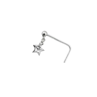 Nose Stud L Bend 925 Sterling Silver Dangling Star Clear Gem Crystal Piercing