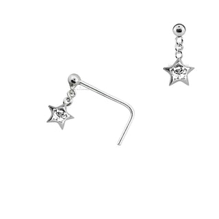 Nose Stud L Bend 925 Sterling Silver Dangling Star Clear Gem Crystal Piercing