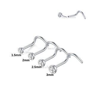 Silver Nose Stud Screw Hook Curve Bar Push Fit Clear Gem Threadless Piercing