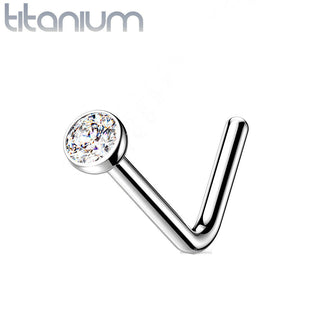 Nose Stud L- Bend Titanium 2mm Clear Gem Bone Pin Straight Body Piercing - 20G