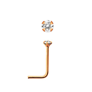 18K Rose Gold Sterling Silver Prong Set Crystal L-Shape Pin Bar Bone Nose Studs