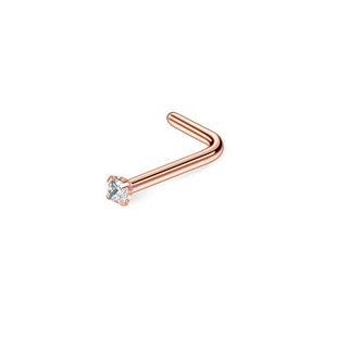 Rose Gold Zircon Claw Prong L-Shape Curve Nose Studs Screw Ring Twist Piercing