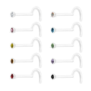 10pcs - Coloured Gem Clear Acrylic Retainer Nose Screw - 20G
