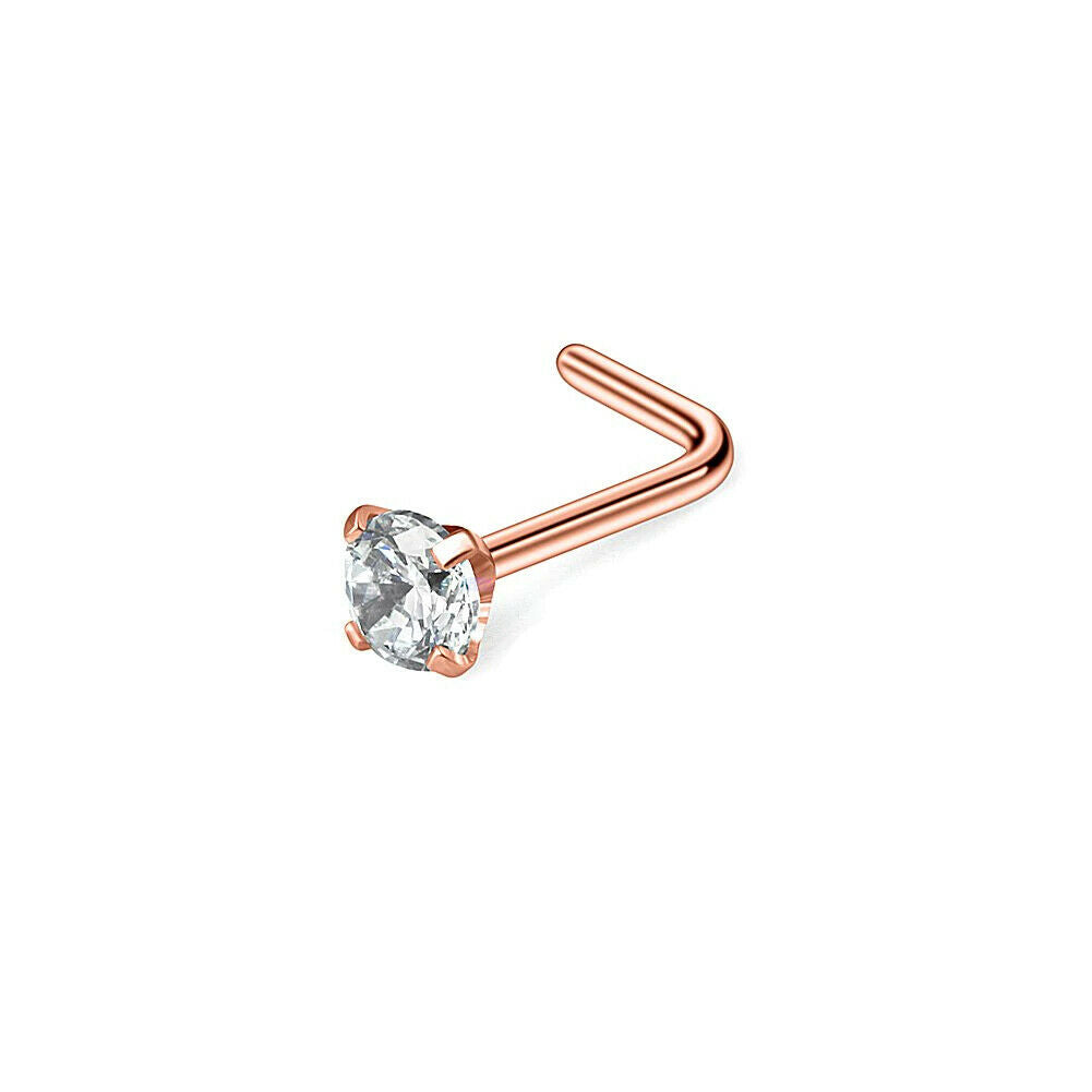 Rose Gold Zircon Claw Prong L-Shape Curve Nose Studs Screw Ring
