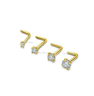 Gold Prong L-Bend Nose Studs With Clear Gem Body Piercing