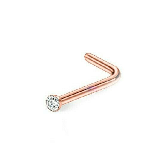 Nose Stud Rose Gold Clear Gem L-Shape Pin Straight Piercing 1.5mm
