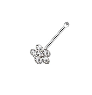 Nose Stud Silver Flower Clear Gem 925 Sterling Silver Pin Bone End Piercing -22G
