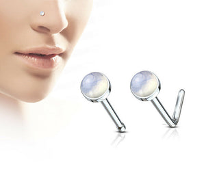 Nose Stud L- Bend Semi-Precious Stone Opal Surgical Steel Ball End Piercing -20G