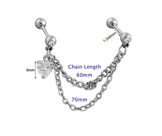Double Barbell Chain Linked With Clear Heart Gem Lobe Cartilage Studs