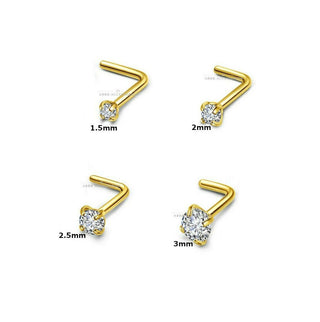 Gold Prong L-Bend Nose Studs With Clear Gem Body Piercing