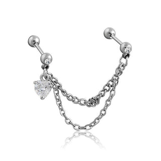 Double Barbell Chain Linked With Clear Heart Gem Lobe Cartilage Studs