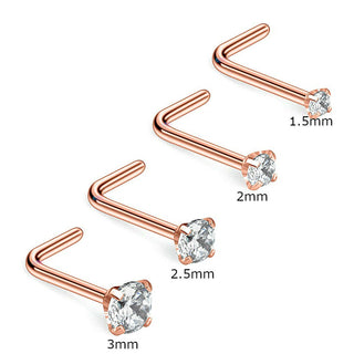 Rose Gold Zircon Claw Prong L-Shape Curve Nose Studs Screw Ring Twist Piercing