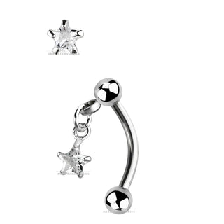 Surgical Steel Eyebrow Banana / Curved Barbell with a dangling 3mm Star Cubic Zircon