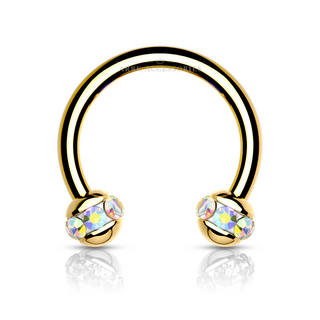 Crystals Paved Round Ball Gold PVD Over 316L Surgical Steel Horseshoe