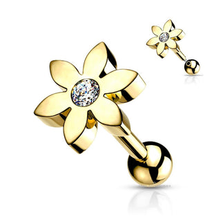 Cartilage Tragus Bar Stud Flower With CZ Solitaire 316L Surgical Steel - 16G