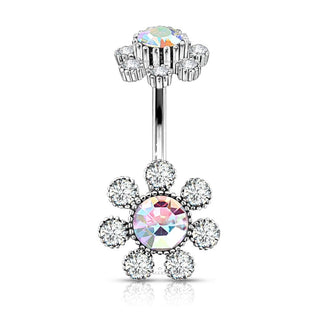 Antique Silver Plated Flower Top With Coloured Gem Petals & Aurora Borealis Coloured Centered Gem Navel / Curved Barbell