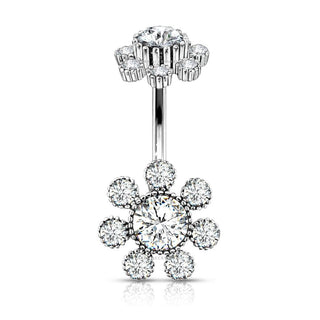 Antique Silver Plated Flower Top With Coloured Gem Petals & Clear Coloured Center Gem Navel / Curved Barbell