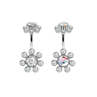 Antique Silver Plated Flower Top With Coloured Gem Petals & Coloured Center Gem Navel / Curved Barbell