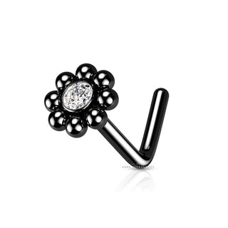 316L Surgical Steel Nose Stud Beaded Ball Edge with CZ Centre Top Black