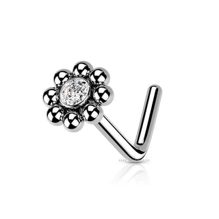 316L Surgical Steel Nose Stud Beaded Ball Edge with CZ Centre Top Silver