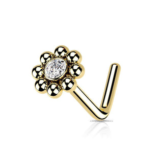 316L Surgical Steel Nose Stud Beaded Ball Edge with CZ Centre Top Gold
