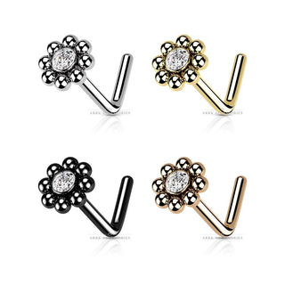 316L Surgical Steel Nose Stud Beaded Ball Edge with CZ Centre Top