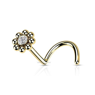316L Surgical Steel Nose Screw Beaded Ball Edge with CZ Centre Top Gold