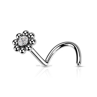 316L Surgical Steel Nose Screw Beaded Ball Edge with CZ Centre Top Silver