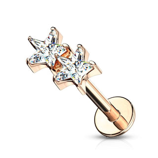 Rose Gold Twin CZ Star Top Internally Threaded 316L Surgical Steel Flat Back Studs 